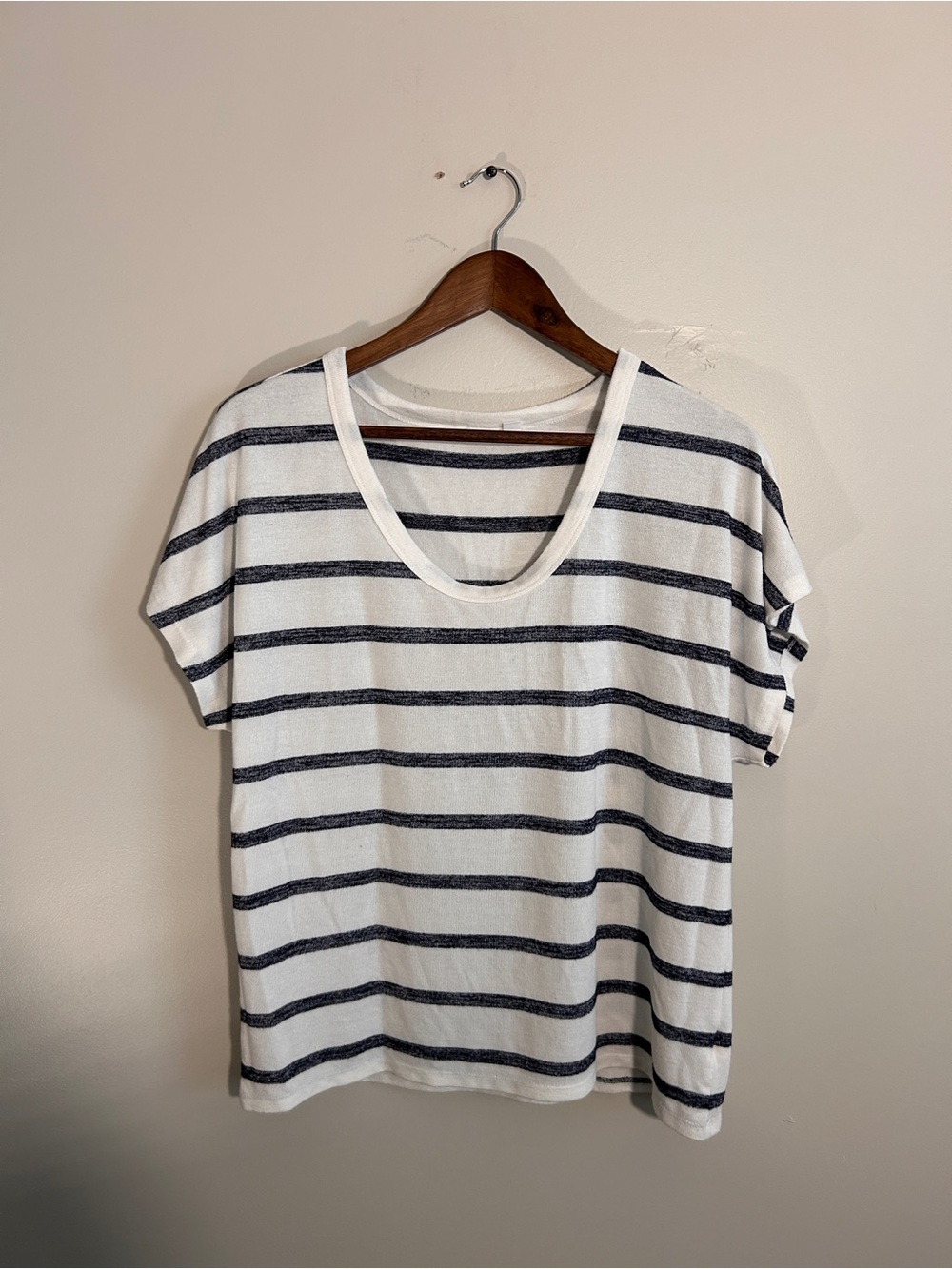 Striped Scoop Neck Dolman Short Sleeve Relaxed Fit Drapey T-Shirt